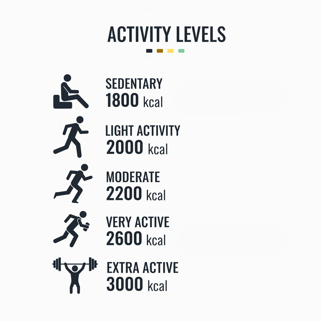 calorie needs by activity level from sedentary to active
