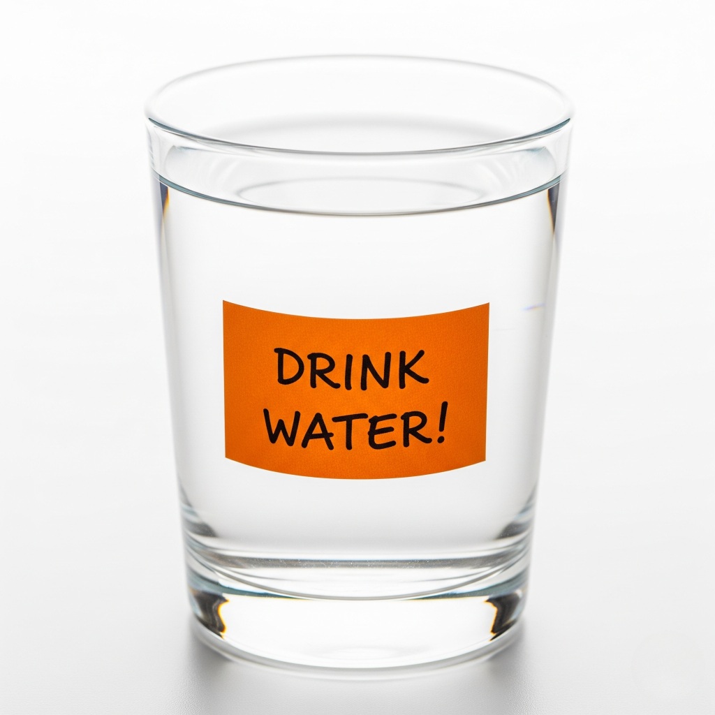 a glass of water with a post it reminder to drink water